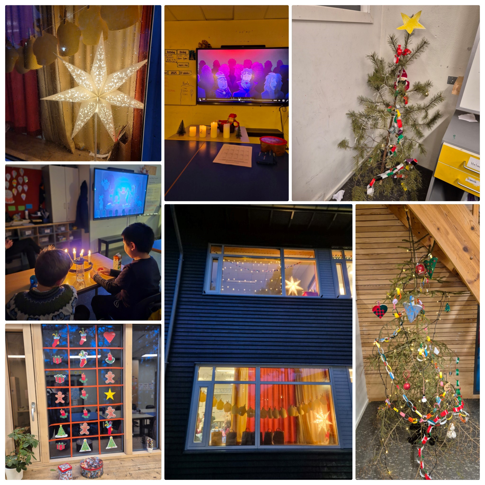 En collage av bilder av et juletre og en person som sitter ved et bord